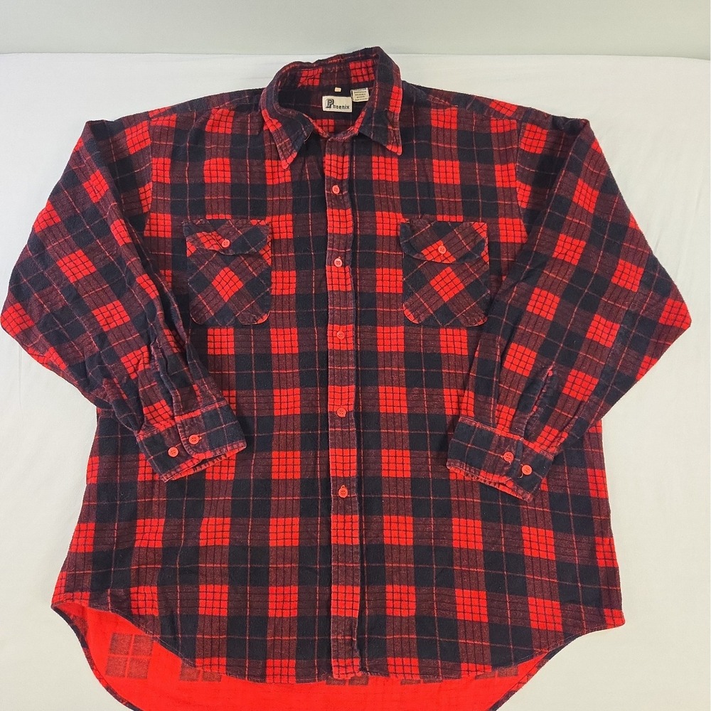 Vintage Phoenix Mens XL Red Black Plaid Flannel Shirt Cotton Workwear
